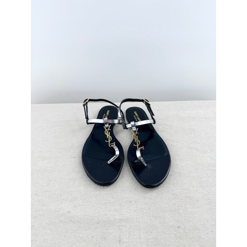 Saint Laurent Cassandra Patent Leather YSL Logo Thong Sandals Silver Black 36.5 - Picture 4 of 8